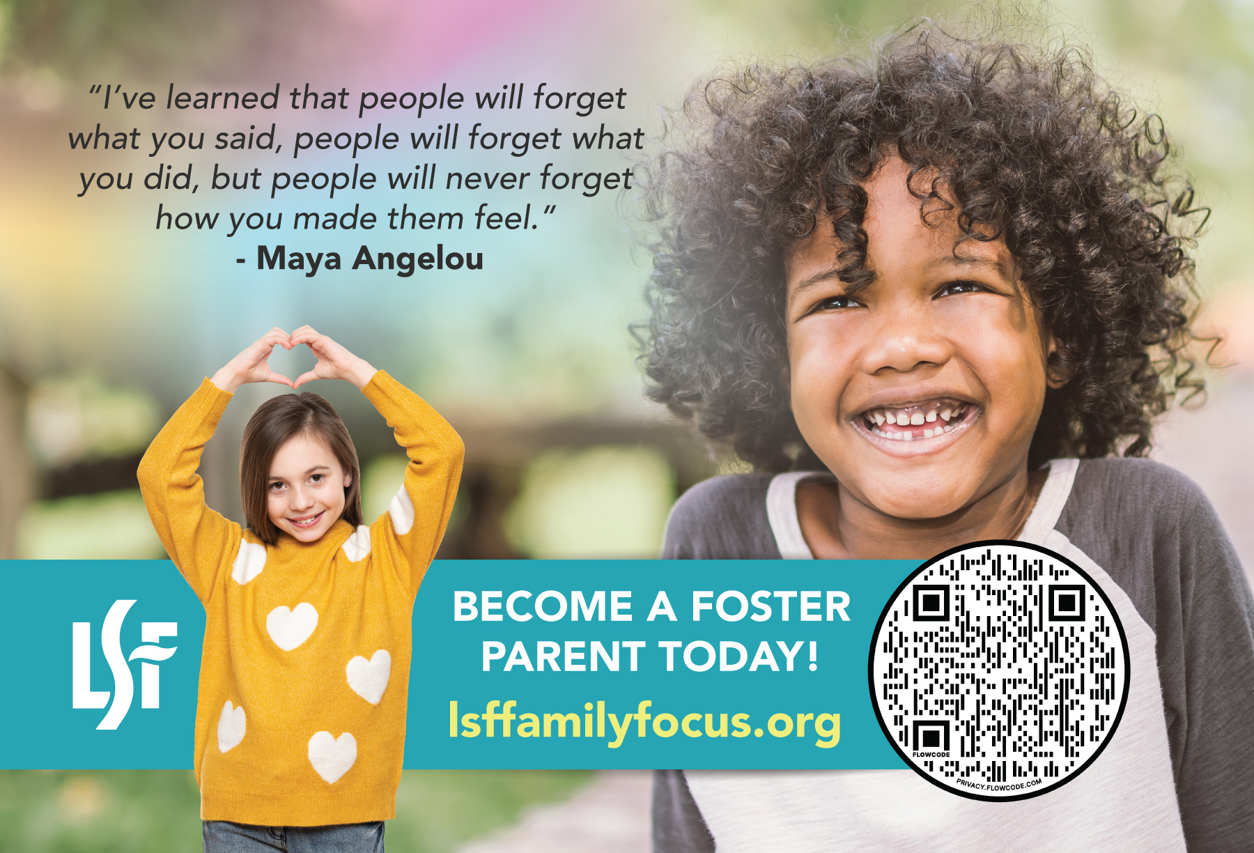 Postcard mailer for foster parent information.